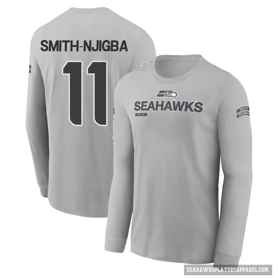 Men's ＃11 Jaxon Smith-Njigba Seattle Seahawks Gray 2024 Salute to Service Long Sleeve T-Shirt