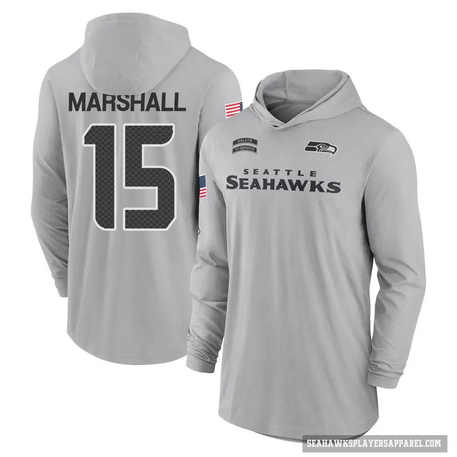 Men's ＃15 Brandon Marshall Seattle Seahawks Gray 2024 Salute to Service Lightweight Performance Long Sleeve Hooded T-Shirt