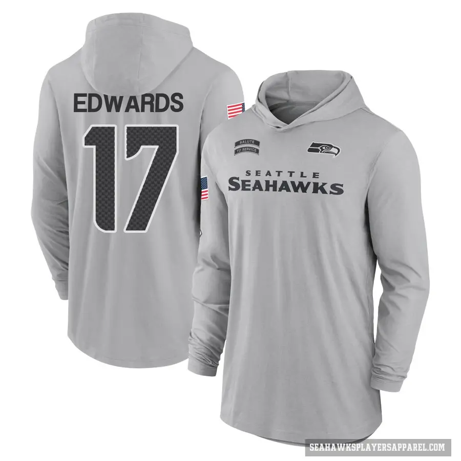 Men's ＃17 Braylon Edwards Seattle Seahawks Gray 2024 Salute to Service Lightweight Performance Long Sleeve Hooded T-Shirt