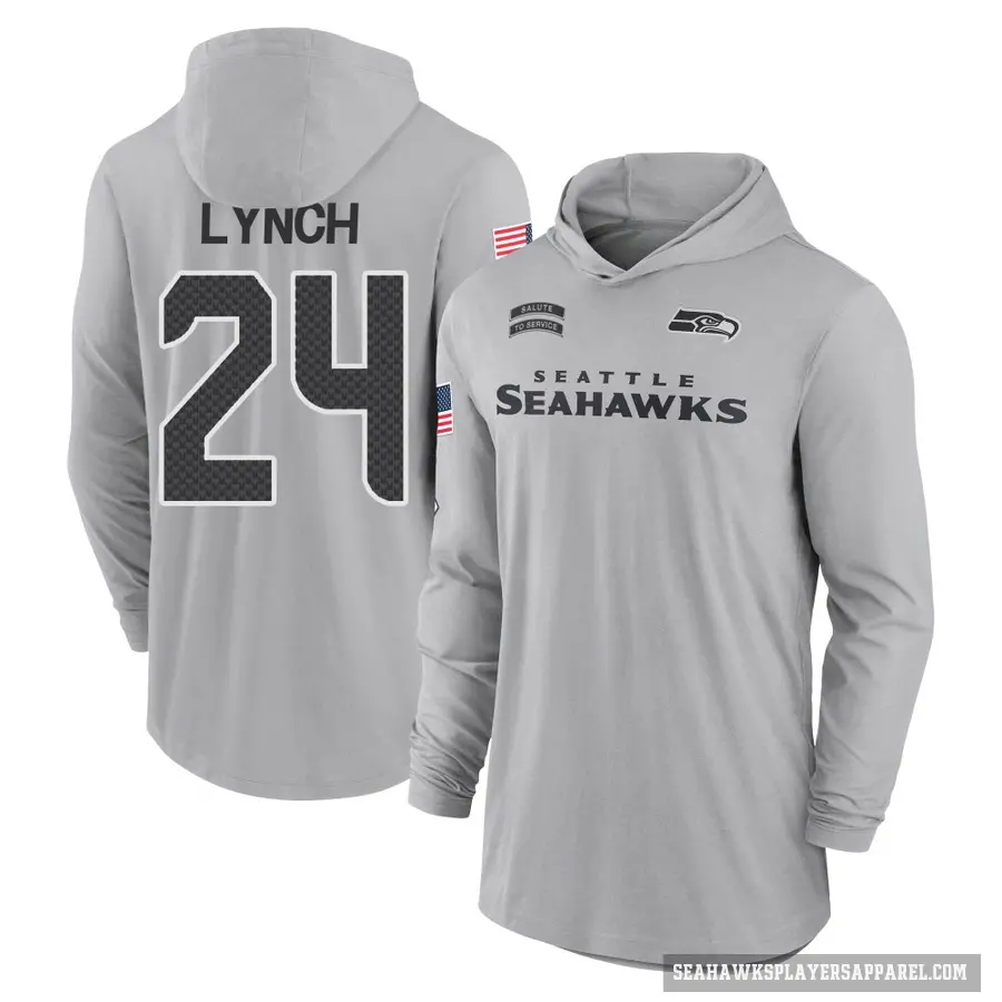 Men's ＃24 Marshawn Lynch Seattle Seahawks Gray 2024 Salute to Service Lightweight Performance Long Sleeve Hooded T-Shirt