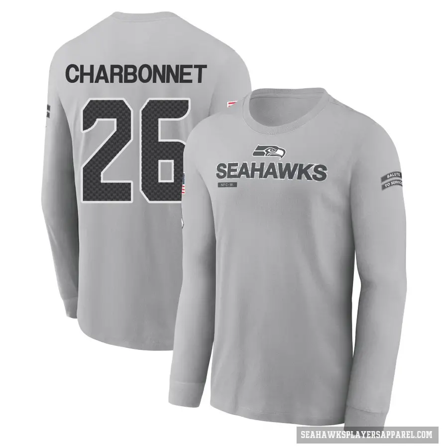 Men's ＃26 Zach Charbonnet Seattle Seahawks Gray 2024 Salute to Service Long Sleeve T-Shirt