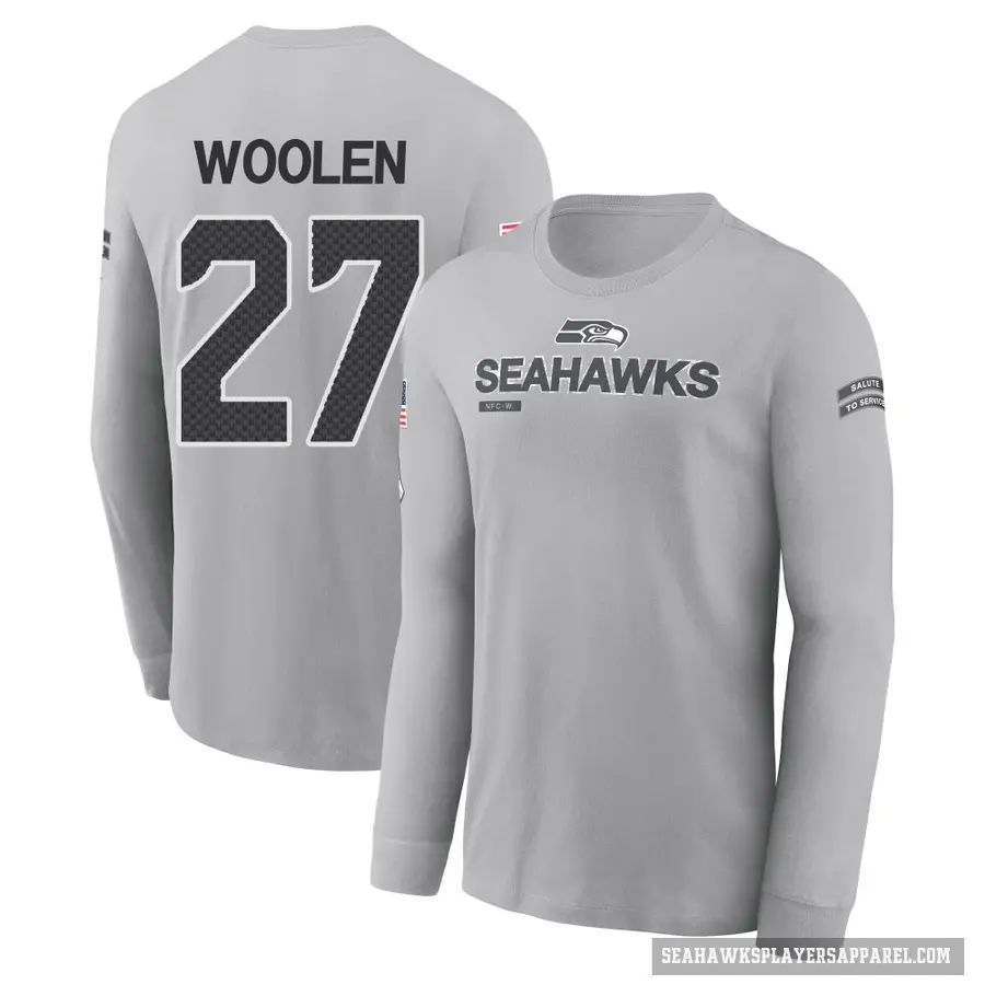 Men's ＃27 Riq Woolen Seattle Seahawks Gray 2024 Salute to Service Long Sleeve T-Shirt