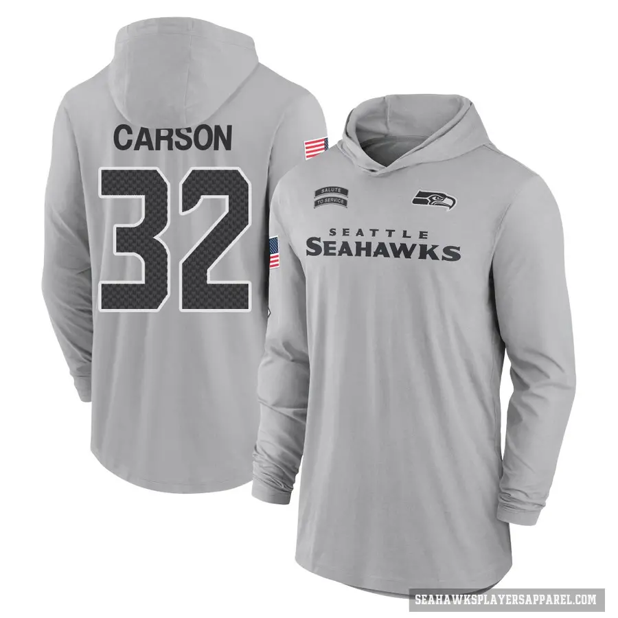 Men's ＃32 Chris Carson Seattle Seahawks Gray 2024 Salute to Service Lightweight Performance Long Sleeve Hooded T-Shirt