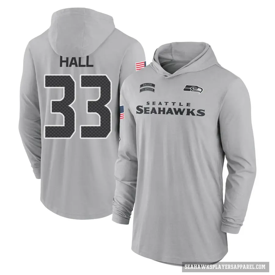 Men's ＃33 Tyler Hall Seattle Seahawks Gray 2024 Salute to Service Lightweight Performance Long Sleeve Hooded T-Shirt