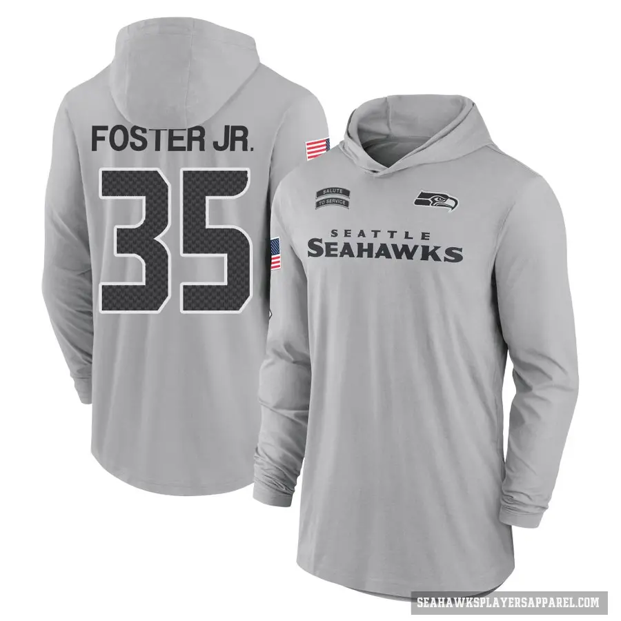 Men's ＃35 Montorie Foster Jr. Seattle Seahawks Gray 2024 Salute to Service Lightweight Performance Long Sleeve Hooded T-Shirt