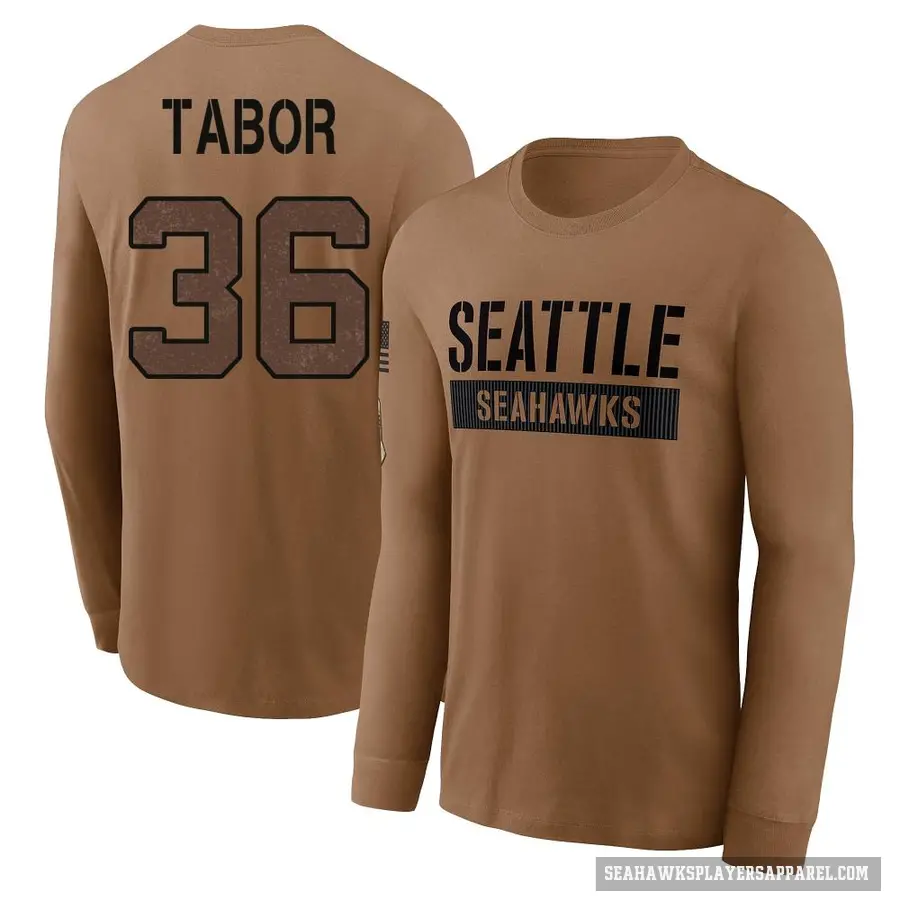 Men's ＃36 Teez Tabor Seattle Seahawks Brown 2023 Salute To Service Long Sleeve T-Shirt