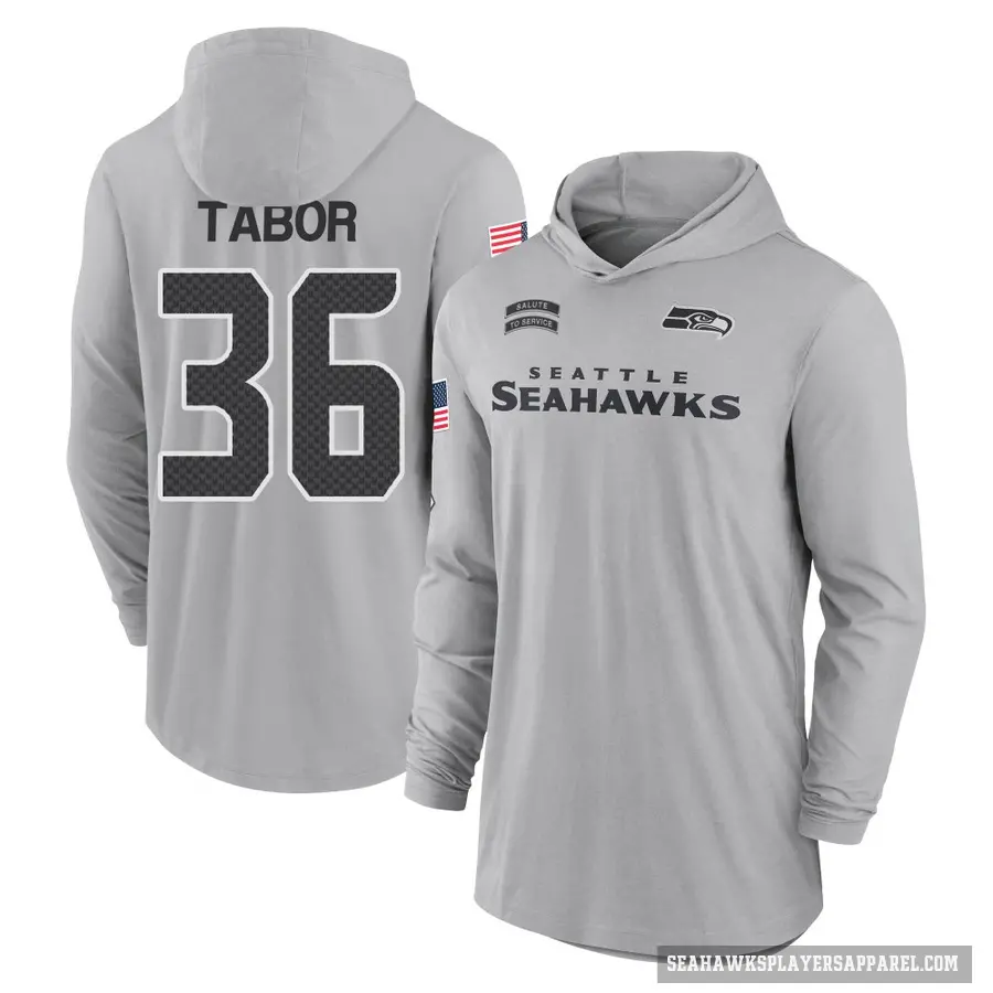 Men's ＃36 Teez Tabor Seattle Seahawks Gray 2024 Salute to Service Lightweight Performance Long Sleeve Hooded T-Shirt