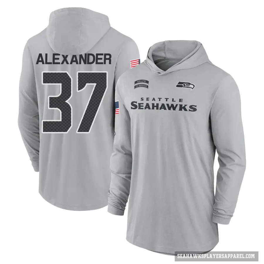 Men's ＃37 Shaun Alexander Seattle Seahawks Gray 2024 Salute to Service Lightweight Performance Long Sleeve Hooded T-Shirt