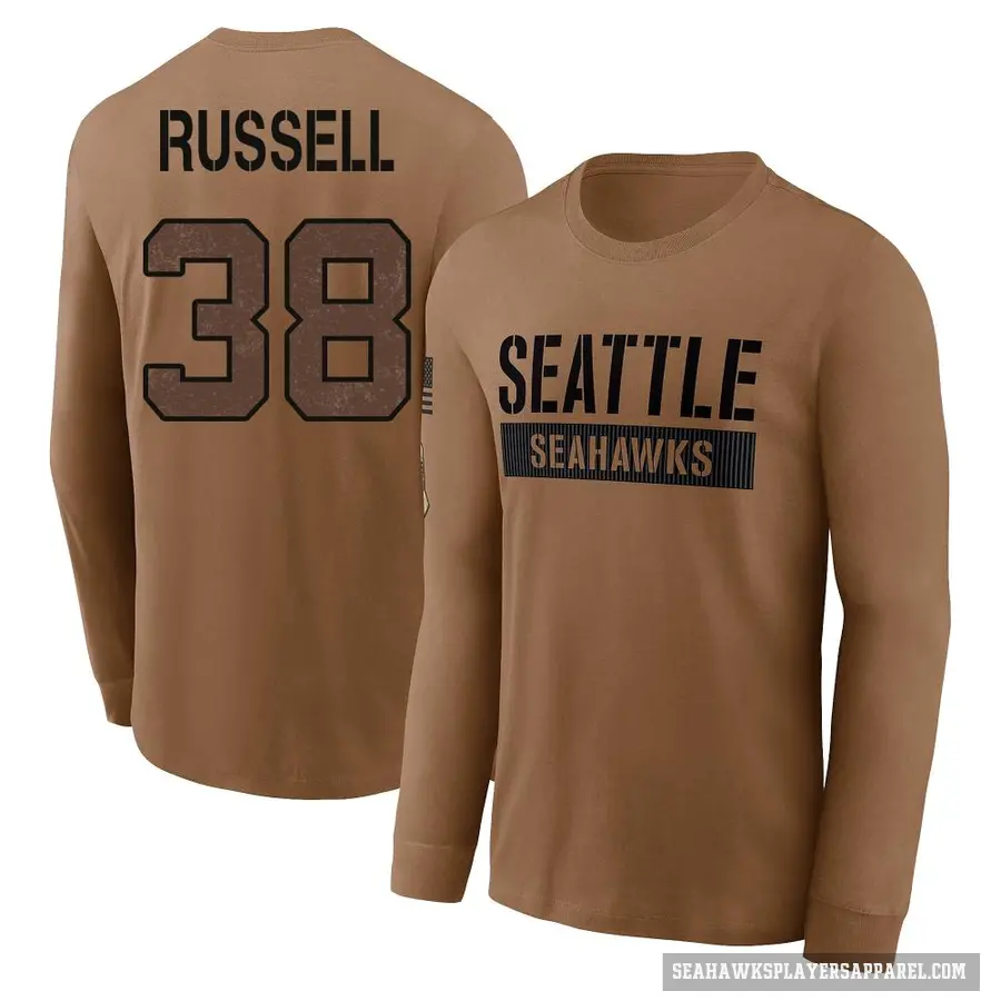 Men's ＃38 Brady Russell Seattle Seahawks Brown 2023 Salute To Service Long Sleeve T-Shirt
