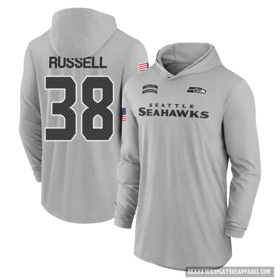 Men's ＃38 Brady Russell Seattle Seahawks Gray 2024 Salute to Service Lightweight Performance Long Sleeve Hooded T-Shirt
