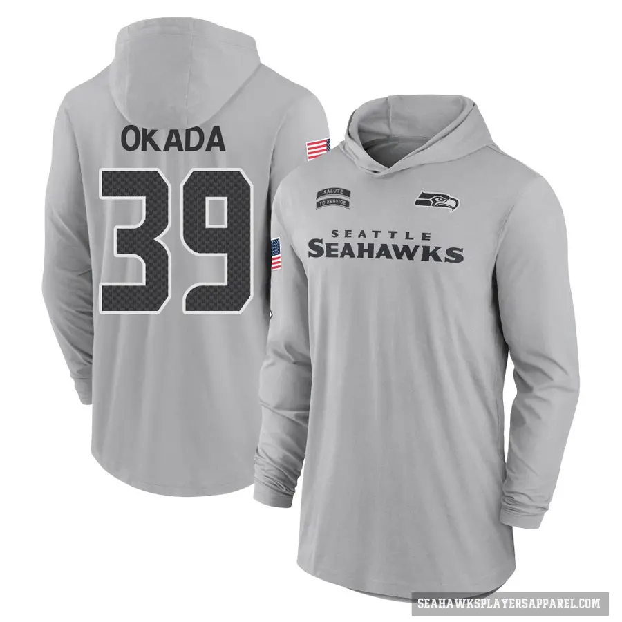 Men's ＃39 Ty Okada Seattle Seahawks Gray 2024 Salute to Service Lightweight Performance Long Sleeve Hooded T-Shirt