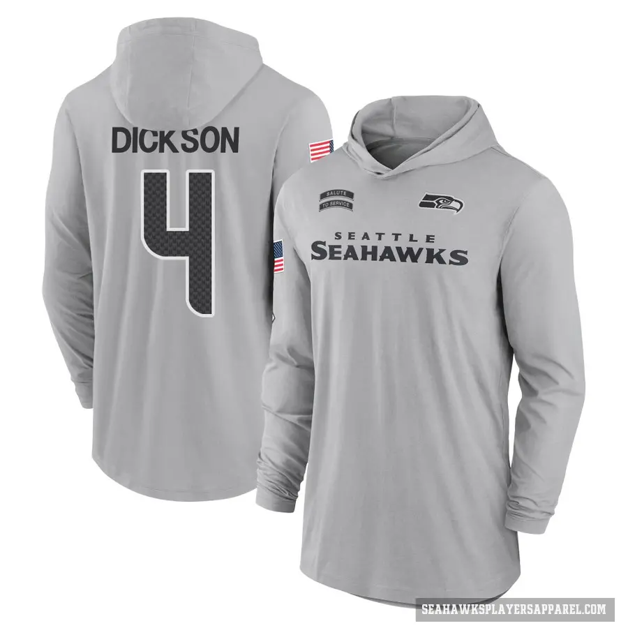 Men's ＃4 Michael Dickson Seattle Seahawks Gray 2024 Salute to Service Lightweight Performance Long Sleeve Hooded T-Shirt