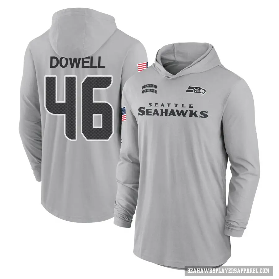 Men's ＃46 Michael Dowell Seattle Seahawks Gray 2024 Salute to Service Lightweight Performance Long Sleeve Hooded T-Shirt