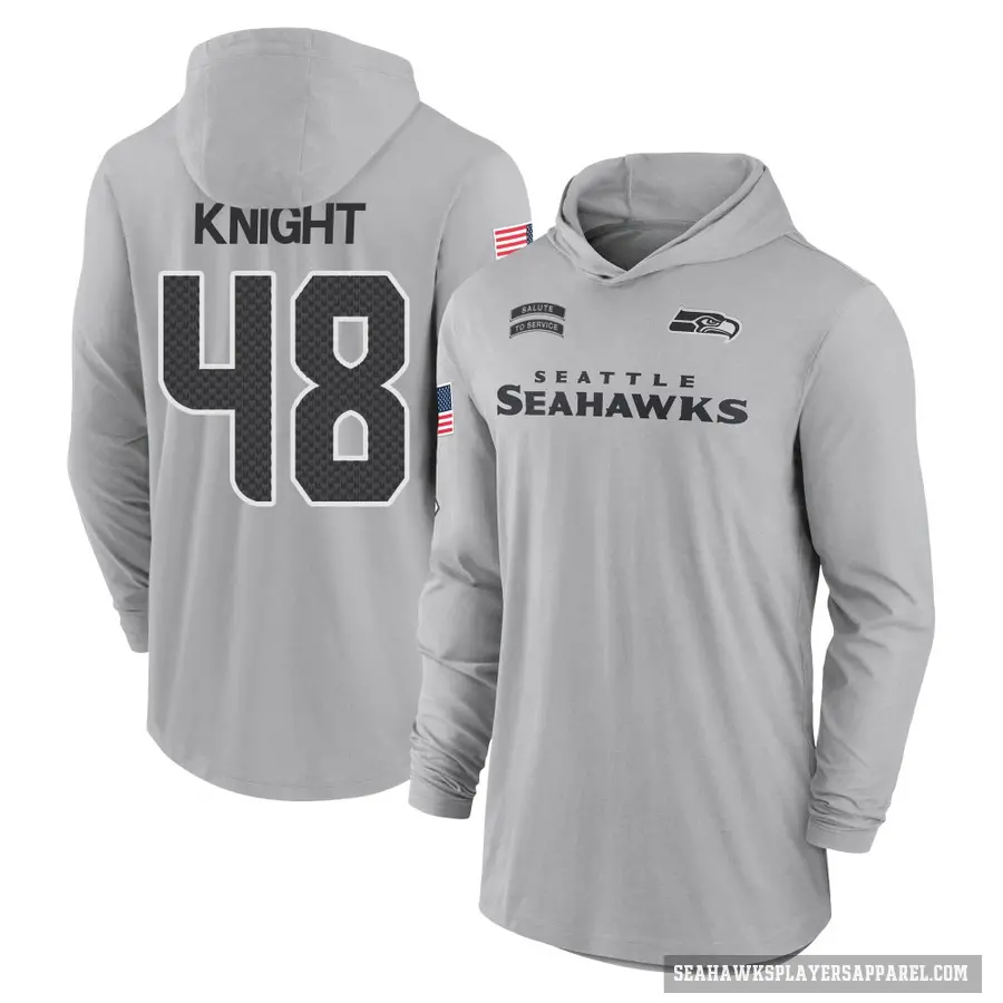 Men's ＃48 Tyrice Knight Seattle Seahawks Gray 2024 Salute to Service Lightweight Performance Long Sleeve Hooded T-Shirt