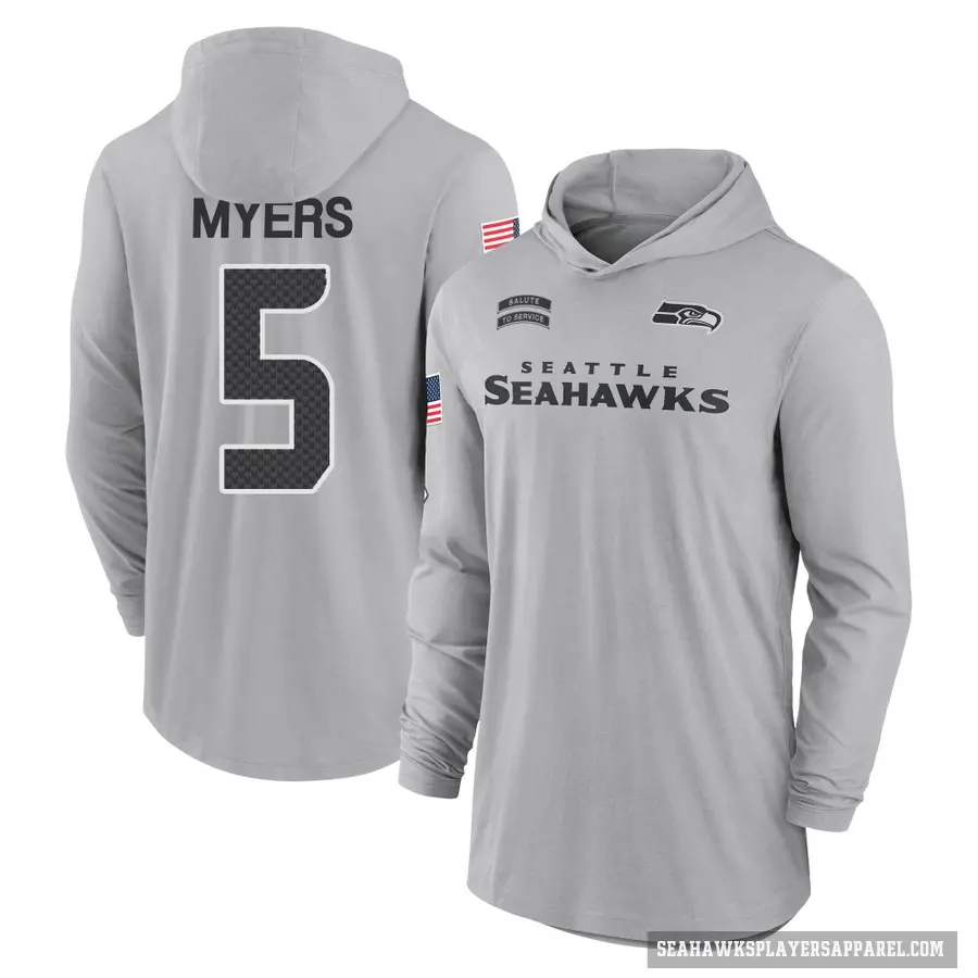 Men's ＃5 Jason Myers Seattle Seahawks Gray 2024 Salute to Service Lightweight Performance Long Sleeve Hooded T-Shirt