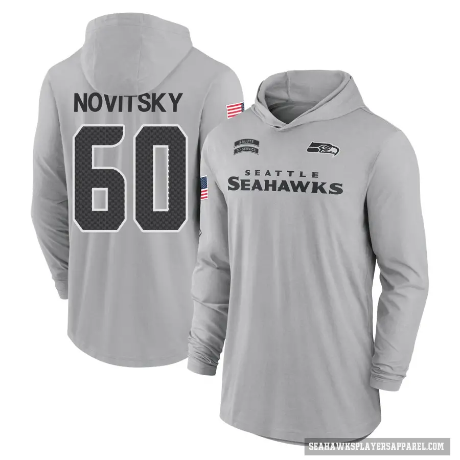 Men's ＃60 Michael Novitsky Seattle Seahawks Gray 2024 Salute to Service Lightweight Performance Long Sleeve Hooded T-Shirt