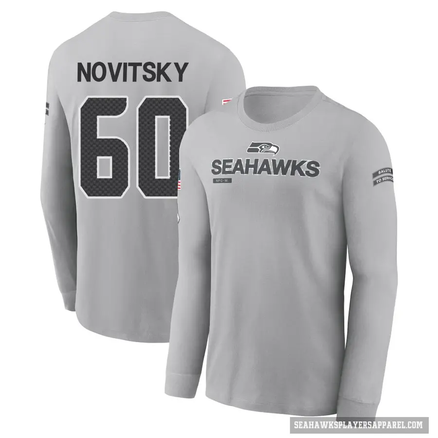 Men's ＃60 Michael Novitsky Seattle Seahawks Gray 2024 Salute to Service Long Sleeve T-Shirt