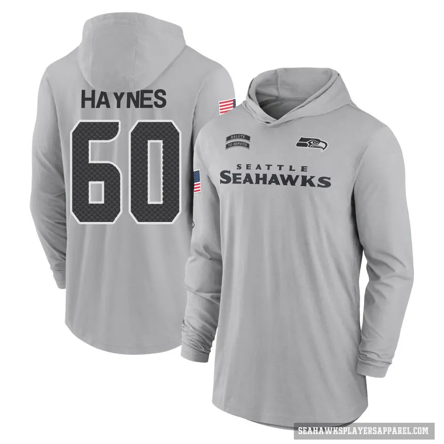 Men's ＃60 Phil Haynes Seattle Seahawks Gray 2024 Salute to Service Lightweight Performance Long Sleeve Hooded T-Shirt