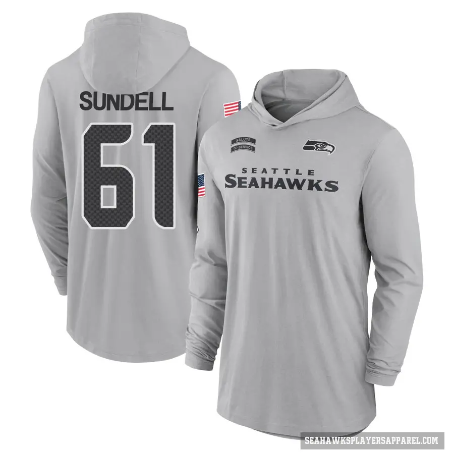 Men's ＃61 Jalen Sundell Seattle Seahawks Gray 2024 Salute to Service Lightweight Performance Long Sleeve Hooded T-Shirt