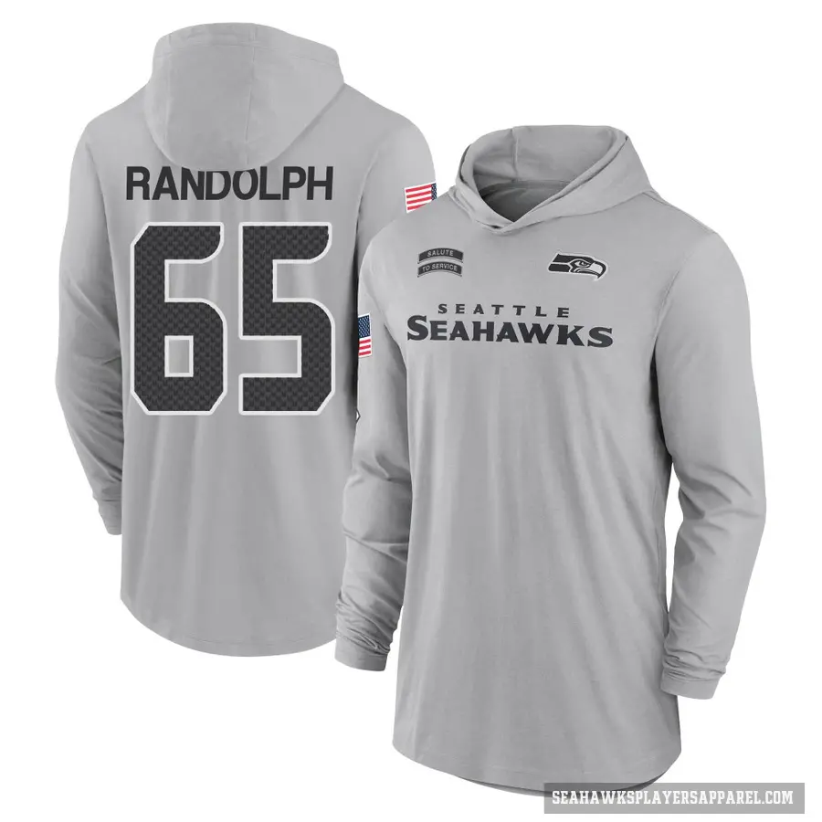 Men's ＃65 Kendall Randolph Seattle Seahawks Gray 2024 Salute to Service Lightweight Performance Long Sleeve Hooded T-Shirt