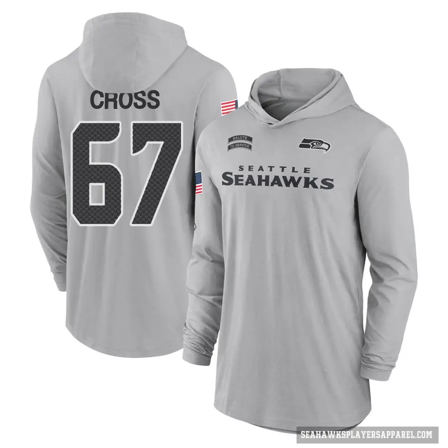 Men's ＃67 Charles Cross Seattle Seahawks Gray 2024 Salute to Service Lightweight Performance Long Sleeve Hooded T-Shirt