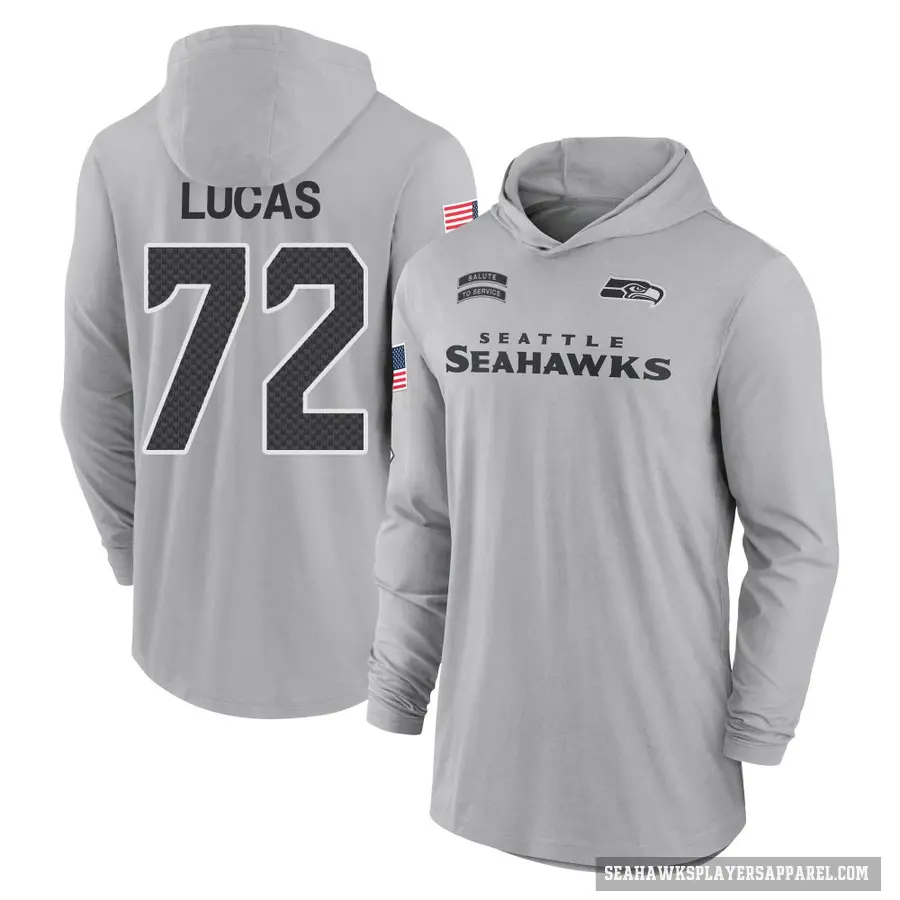 Men's ＃72 Abraham Lucas Seattle Seahawks Gray 2024 Salute to Service Lightweight Performance Long Sleeve Hooded T-Shirt
