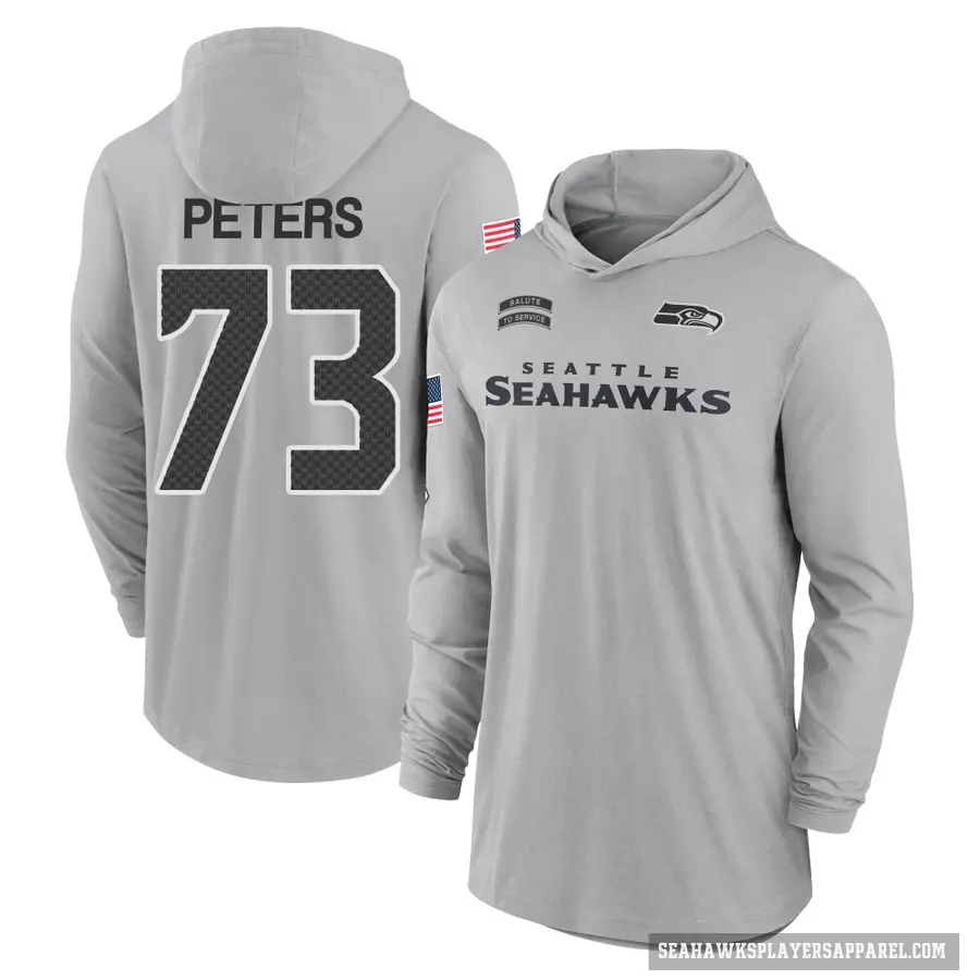 Men's ＃73 Jason Peters Seattle Seahawks Gray 2024 Salute to Service Lightweight Performance Long Sleeve Hooded T-Shirt