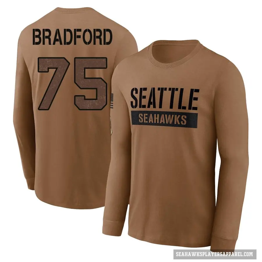 Men's ＃75 Anthony Bradford Seattle Seahawks Brown 2023 Salute To Service Long Sleeve T-Shirt