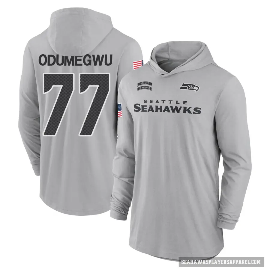 Men's ＃77 Kenneth Odumegwu Seattle Seahawks Gray 2024 Salute to Service Lightweight Performance Long Sleeve Hooded T-Shirt