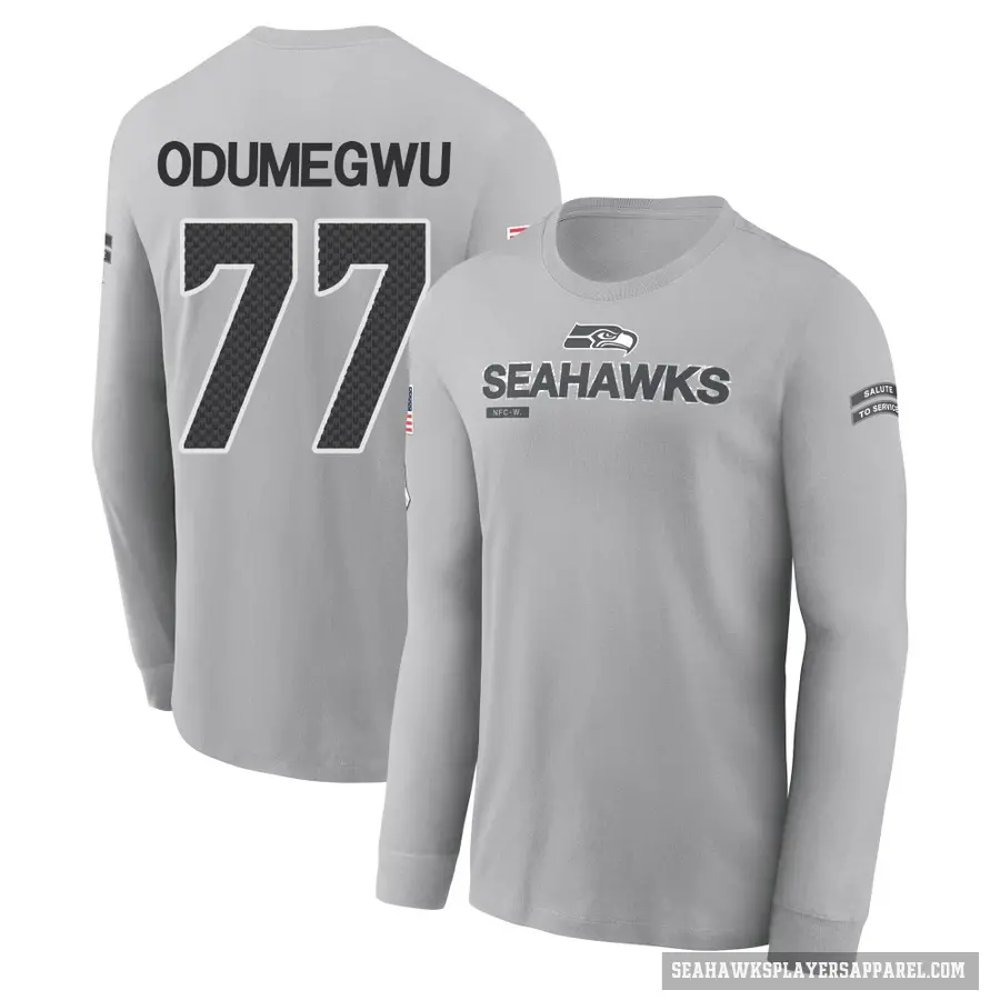 Men's ＃77 Kenneth Odumegwu Seattle Seahawks Gray 2024 Salute to Service Long Sleeve T-Shirt