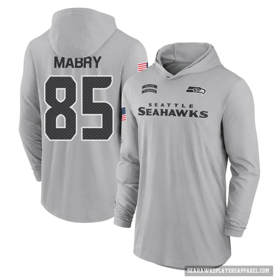 Men's ＃85 Tyler Mabry Seattle Seahawks Gray 2024 Salute to Service Lightweight Performance Long Sleeve Hooded T-Shirt