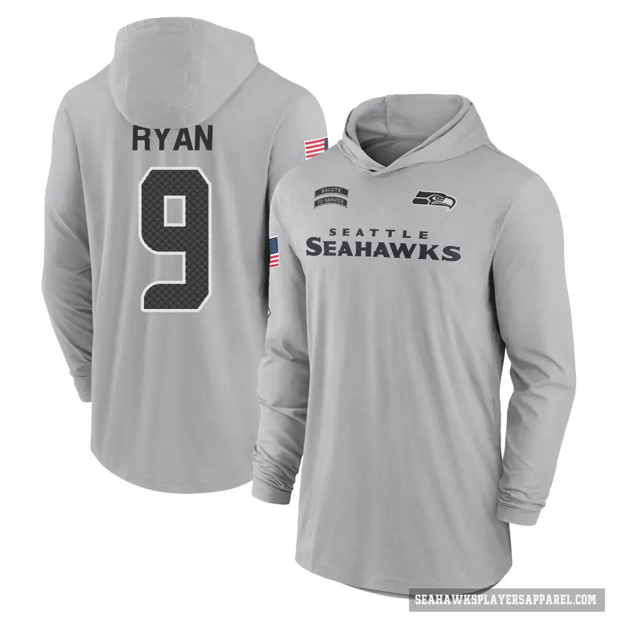 Men's ＃9 Jon Ryan Seattle Seahawks Gray 2024 Salute to Service Lightweight Performance Long Sleeve Hooded T-Shirt