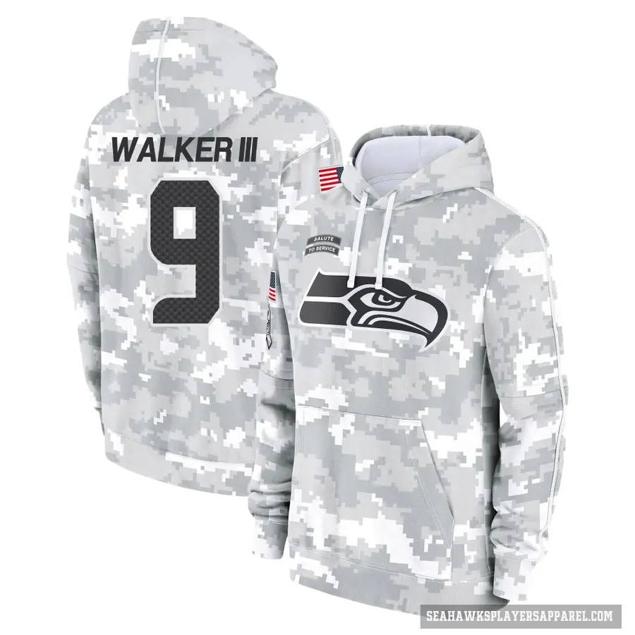Men's ＃9 Kenneth Walker III Seattle Seahawks Arctic Camo 2024 Salute to Service Club Fleece Pullover Hoodie