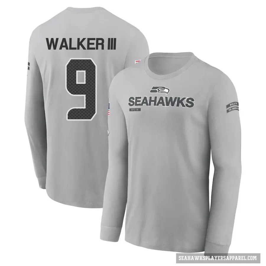 Men's ＃9 Kenneth Walker III Seattle Seahawks Gray 2024 Salute to Service Long Sleeve T-Shirt