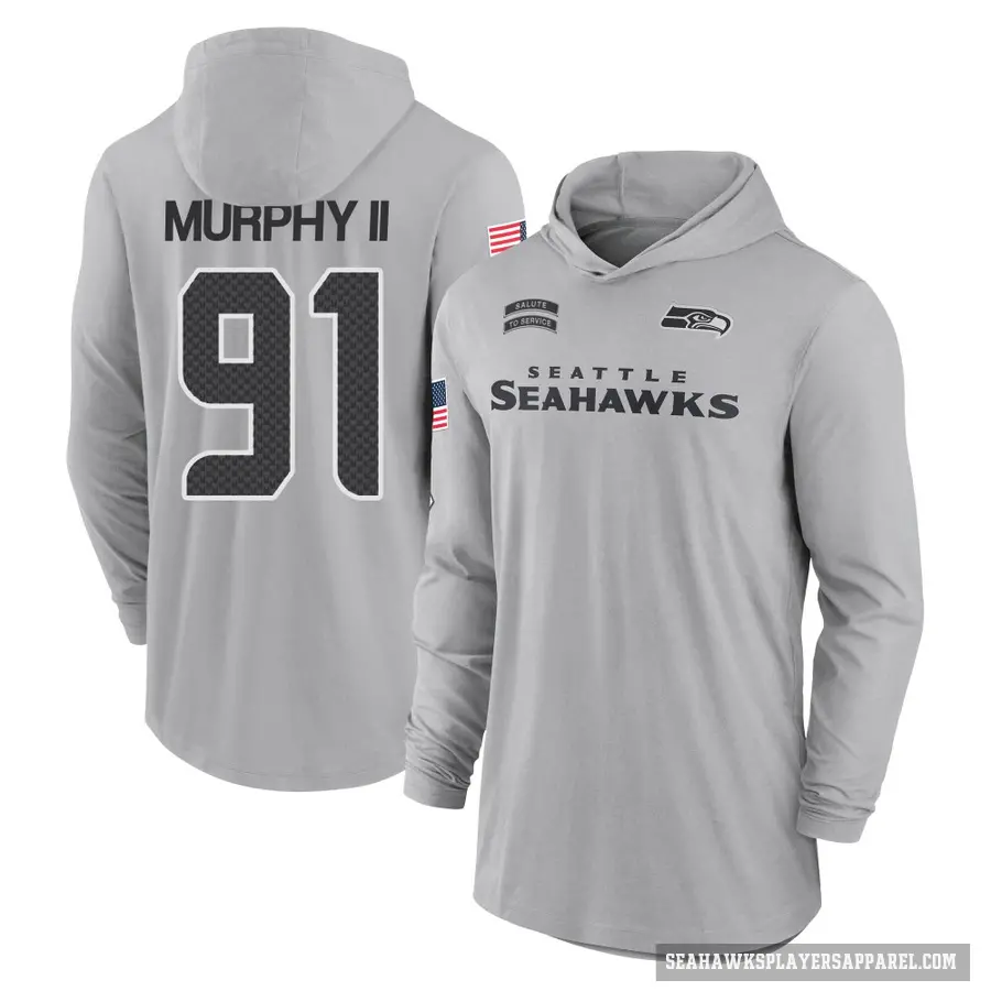 Men's ＃91 Byron Murphy II Seattle Seahawks Gray 2024 Salute to Service Lightweight Performance Long Sleeve Hooded T-Shirt