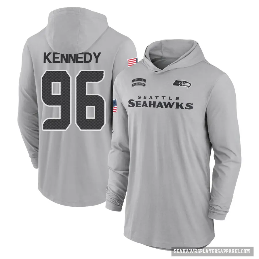 Men's ＃96 Cortez Kennedy Seattle Seahawks Gray 2024 Salute to Service Lightweight Performance Long Sleeve Hooded T-Shirt