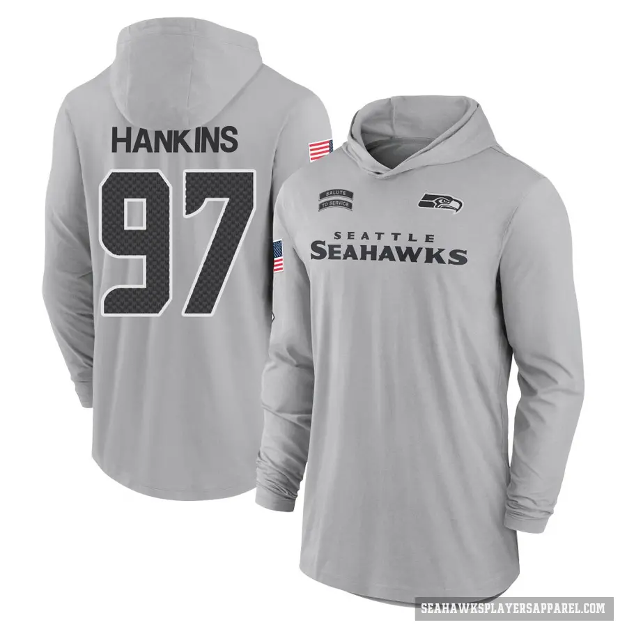 Men's ＃97 Johnathan Hankins Seattle Seahawks Gray 2024 Salute to Service Lightweight Performance Long Sleeve Hooded T-Shirt