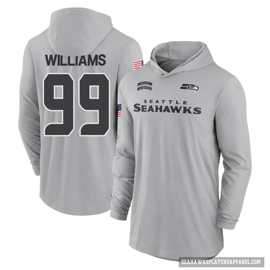 Men's ＃99 Leonard Williams Seattle Seahawks Gray 2024 Salute to Service Lightweight Performance Long Sleeve Hooded T-Shirt