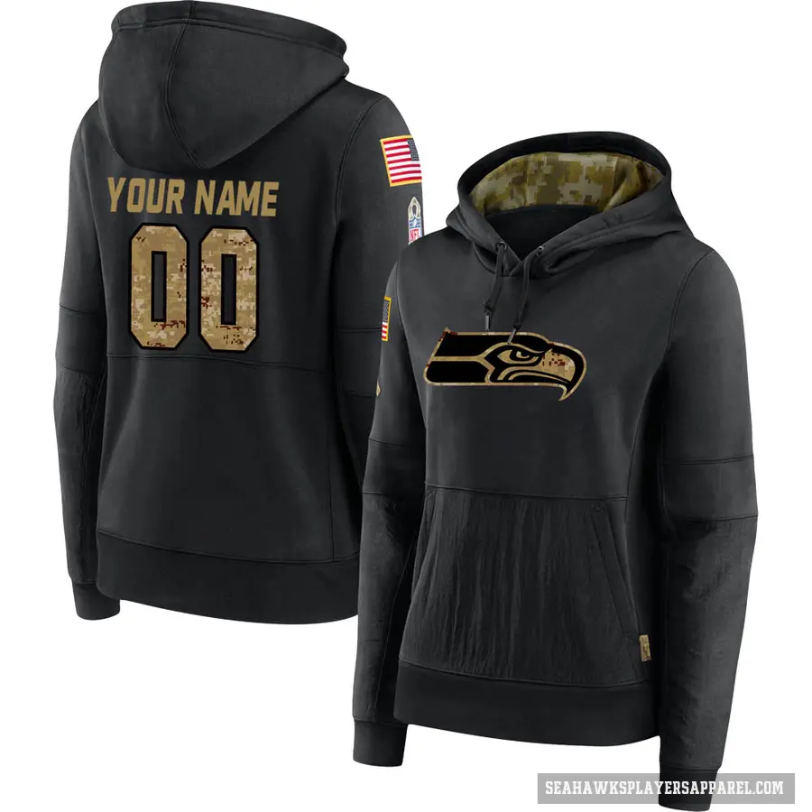 Women's ＃00 Custom Seattle Seahawks Black 2020 Salute to Service Sideline Performance Pullover Hoodie
