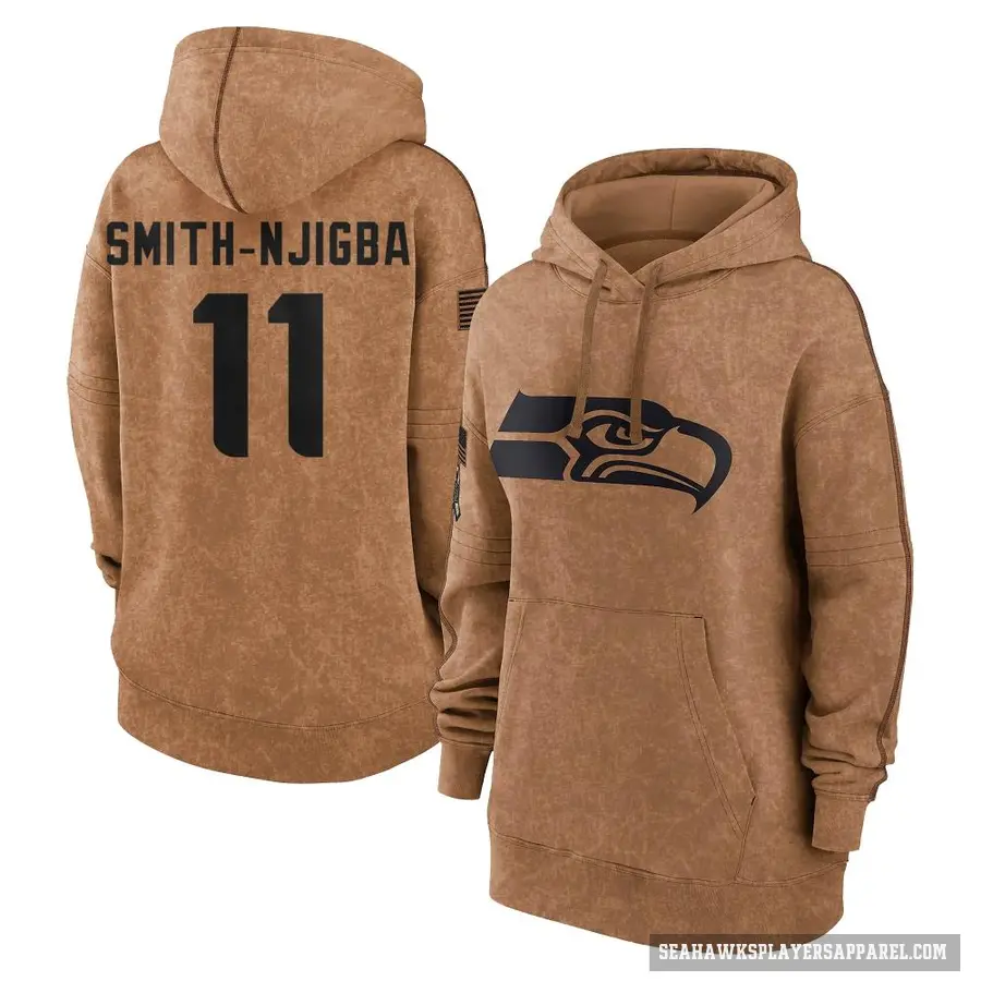 Women's ＃11 Jaxon Smith-Njigba Seattle Seahawks Brown 2023 Salute To Service Pullover Hoodie