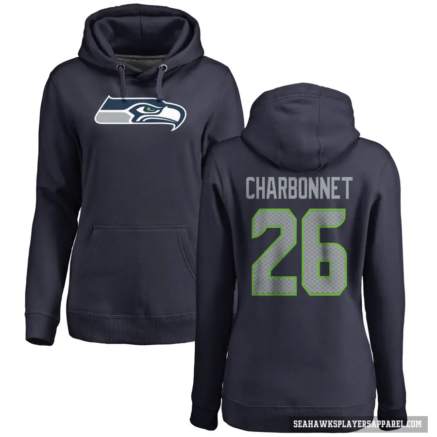 Women's ＃26 Zach Charbonnet Seattle Seahawks Navy Pro Line Logo Pullover Hoodie