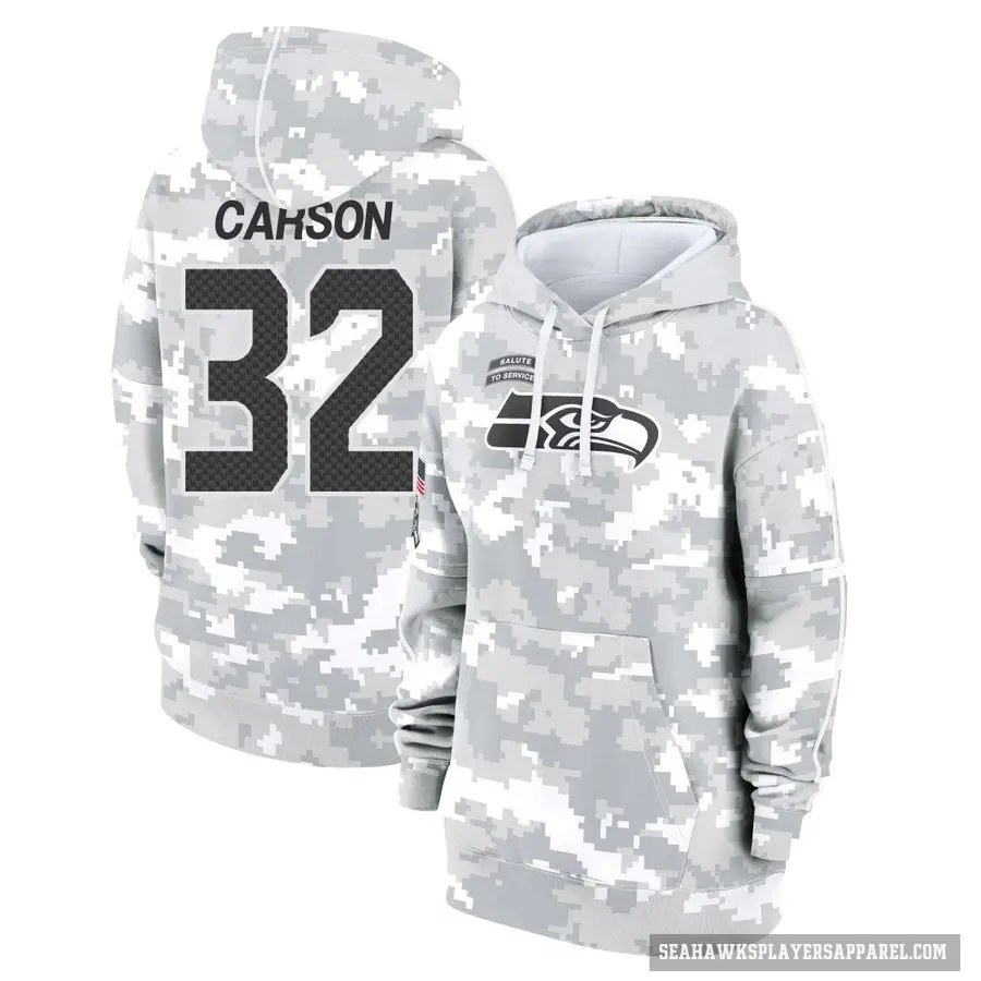 Women's ＃32 Chris Carson Seattle Seahawks Arctic Camo 2024 Salute to Service Club Fleece Pullover Hoodie