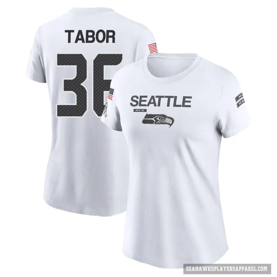 Women's ＃36 Teez Tabor Seattle Seahawks White 2024 Salute to Service Performance T-Shirt
