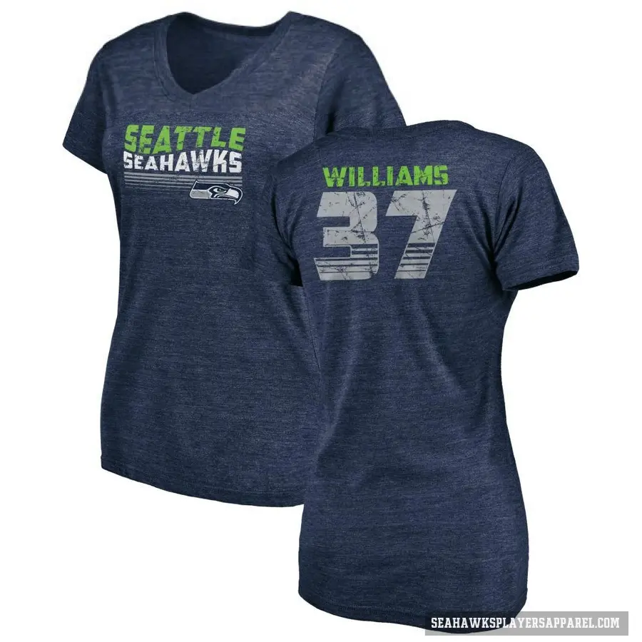 Women's ＃37 Damarion Williams Seattle Seahawks Navy Retro V-Neck T-Shirt College