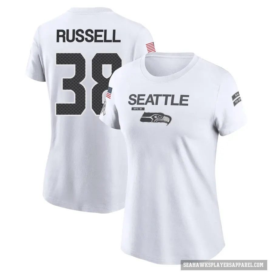 Women's ＃38 Brady Russell Seattle Seahawks White 2024 Salute to Service Performance T-Shirt