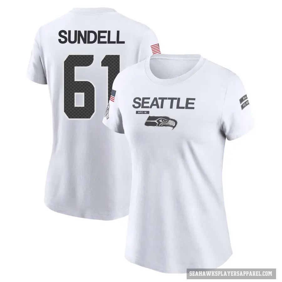 Women's ＃61 Jalen Sundell Seattle Seahawks White 2024 Salute to Service Performance T-Shirt