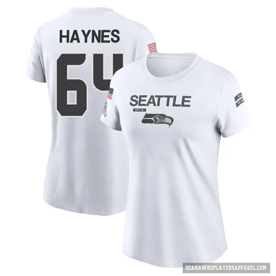 Women's ＃64 Christian Haynes Seattle Seahawks White 2024 Salute to Service Performance T-Shirt