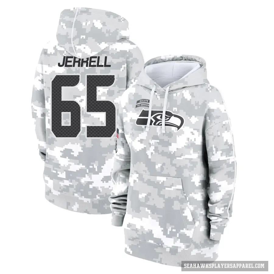 Women's ＃65 Michael Jerrell Seattle Seahawks Arctic Camo 2024 Salute to Service Club Fleece Pullover Hoodie