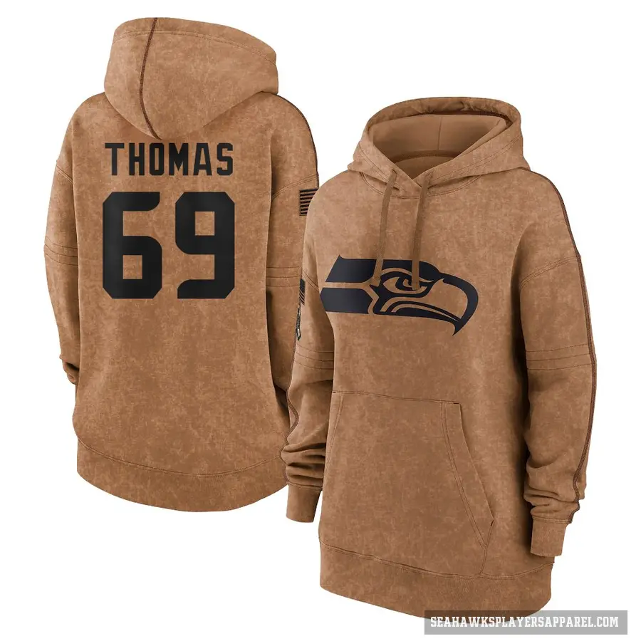 Women's ＃69 Bubba Thomas Seattle Seahawks Brown 2023 Salute To Service Pullover Hoodie