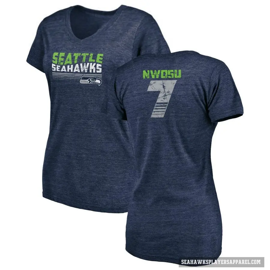 Women's ＃7 Uchenna Nwosu Seattle Seahawks Navy Retro V-Neck T-Shirt College